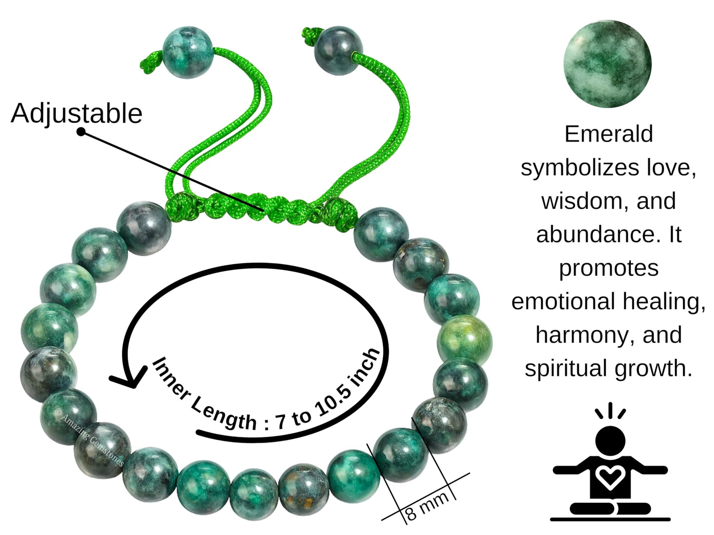 Amazing Gemstone Emerald Bracelet for Women Men's Gifts - Protection Healing Crystal Bracelet - 8mm Gemstone Beaded Adjustable Bracelet Pulseras Para Hombres Mujer Stocking Stuffers