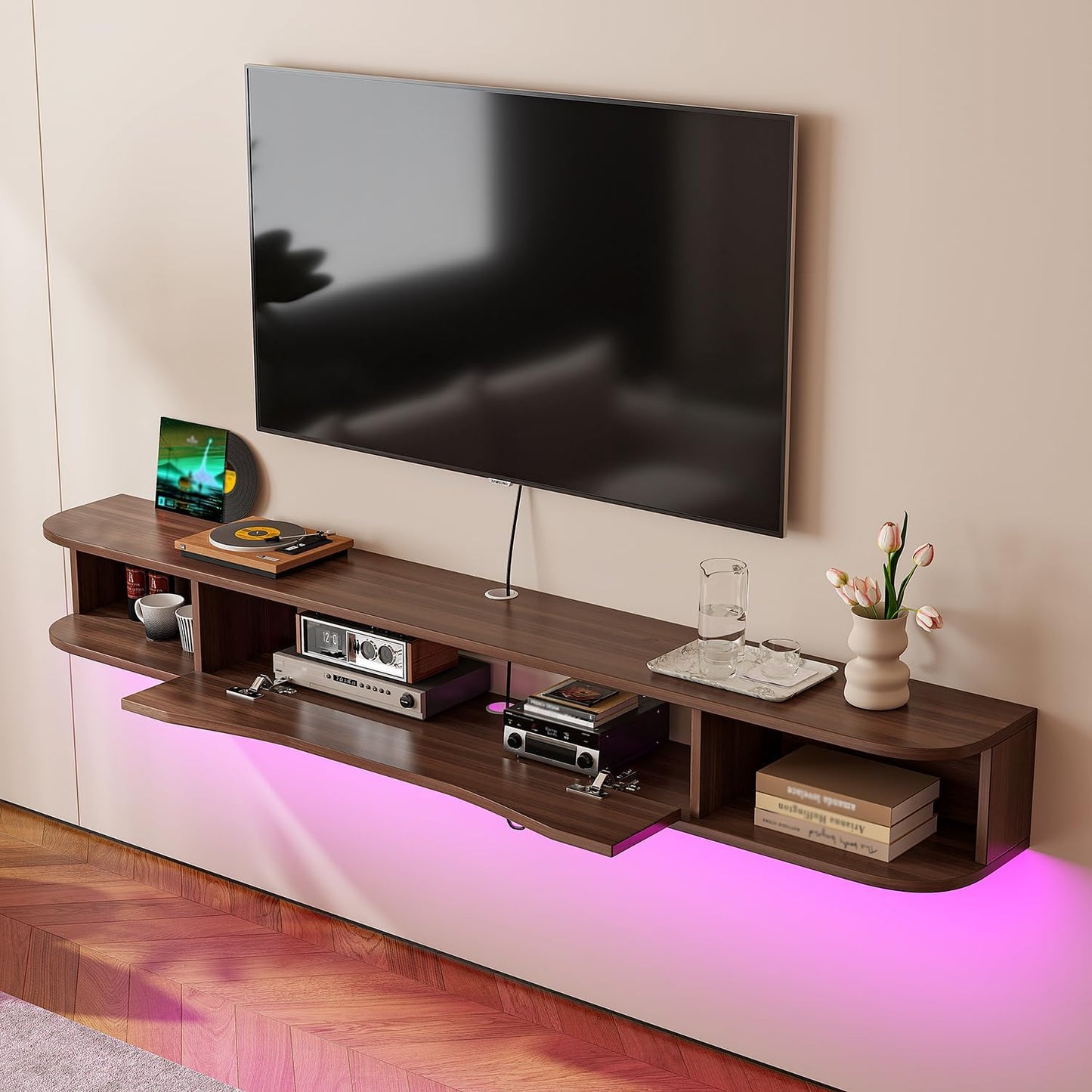 Floating TV Stand,78'' Wall Mounted TV Cabinet,Floating TV Console,Under TV Shelf with 1 Door and 2 Cabinets for TVs up to 78''(Walnut)