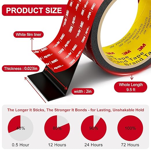 Double Sided Tape Heavy Duty 2in x 10ft, Heavy Duty Removable Mounting Tape, Adhesive Strips Double Sided Mounting Tape, Strong Foam Tape for Walls Picture Hanging Poster, Car, LED Strip Light
