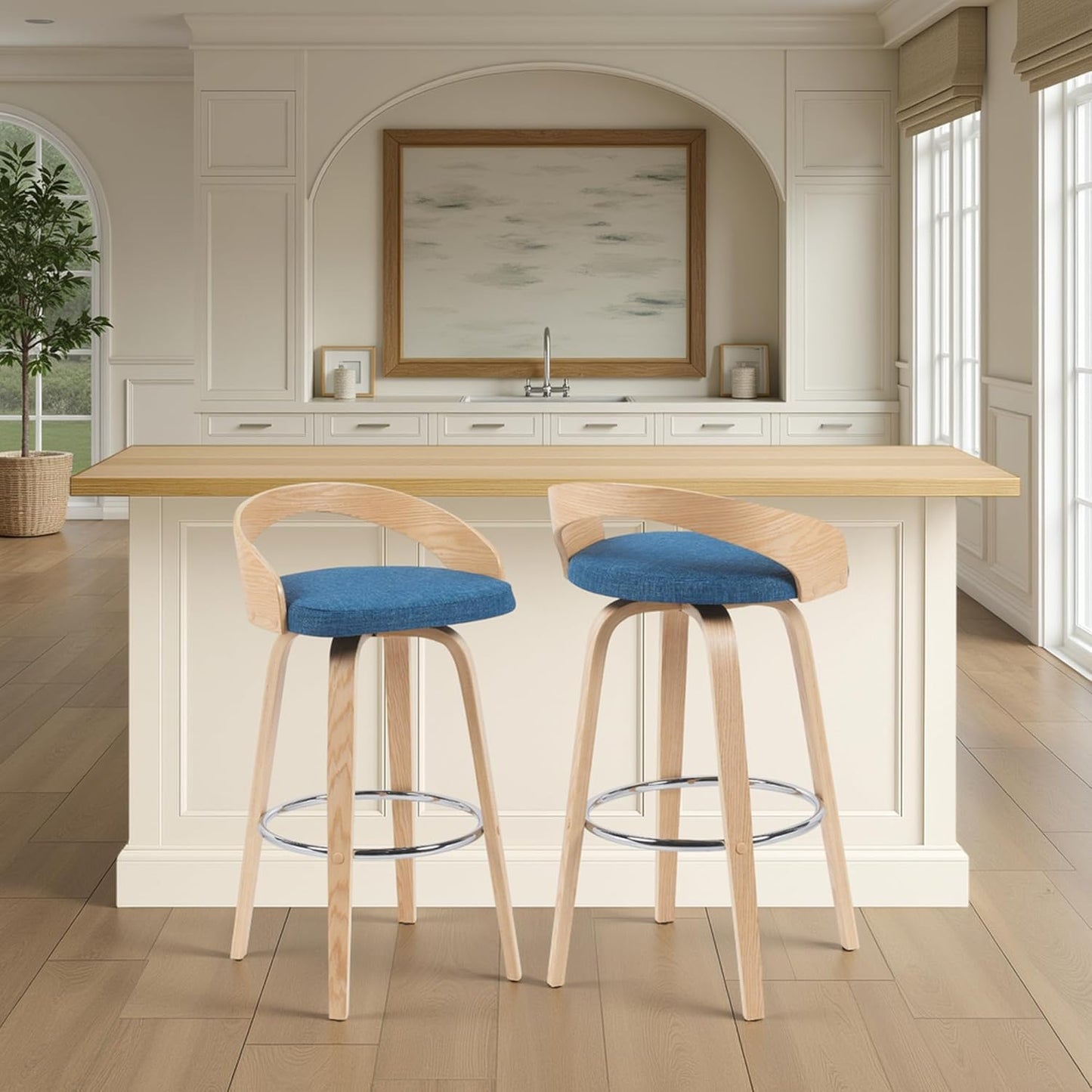 Sonia Modern Swivel Bar Height Stool with Blue Upholstered Seat and Patterned Oak Wood Finish Set of 2