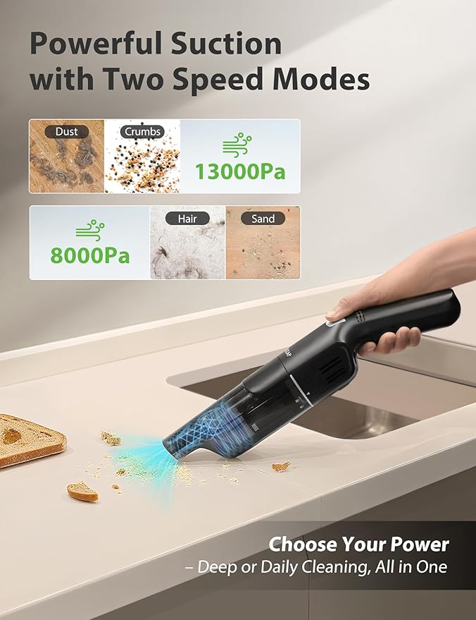 Handheld Vacuum Cleaner, Cordless & Rechargeable, 15KPa Powerful Suction, 30-Min Runtime, 500ML Dust Cup, for Pet Hair/Car/Home