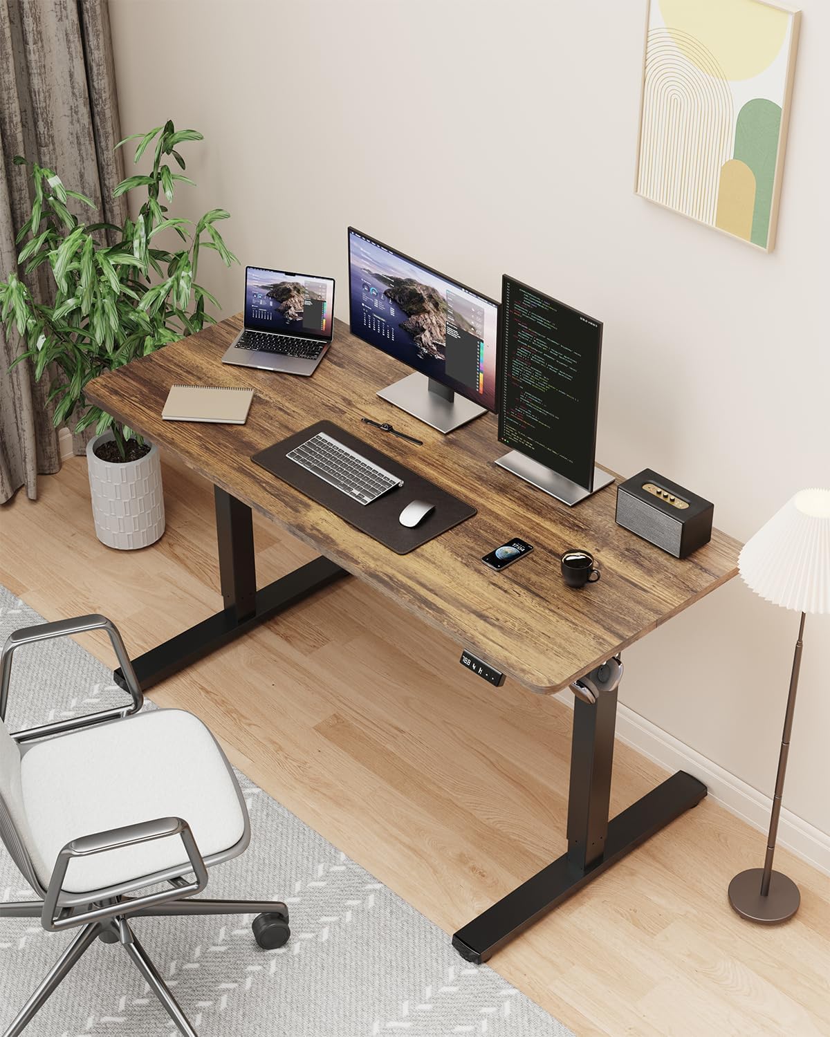 Electric Standing Desk, Large Height Adjustable Stand up Desk, 48 x 24 Inches Sit Stand Home Office Desk, with Splice Board, Black Frame/Rustic Brown Top