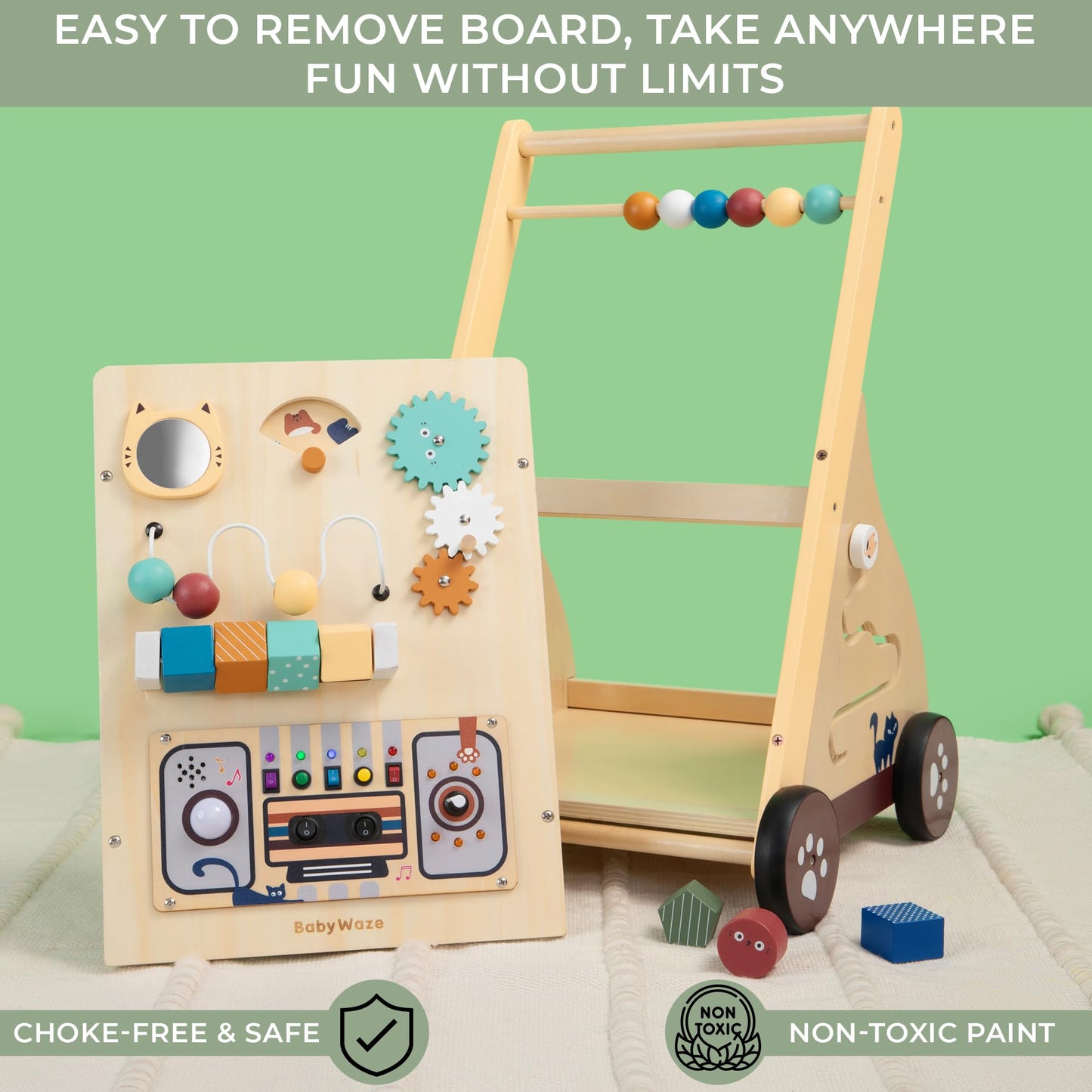 Wooden Baby Push Walker with Musical Activity Busy Board – 2-in-1 Montessori Learning Toy with Adjustable Speed, Bead Maze, Shape Sorter & Gear Wheels | Walk & Play Toy for Toddlers 9 –18 Months