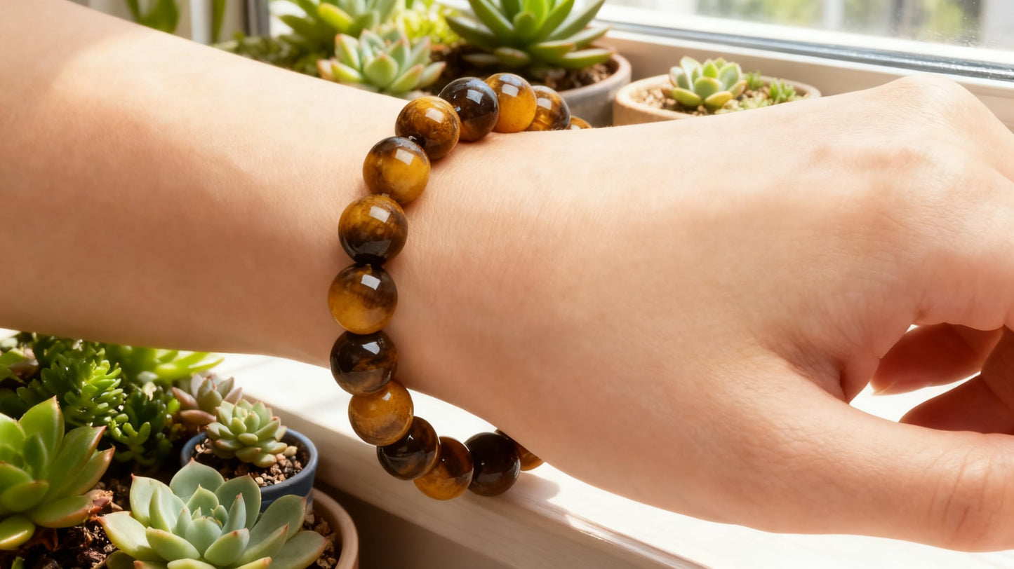 Cryhand Female 8mm Beaded Bracelets For Women Simulated Tigers eye Bracelet for Men Handmade Lucky Money Stretchy Crystal Bracelets Best Gifts 3PCS