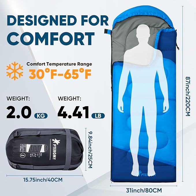 PTEROMY Sleeping Bags for Adults, Lightweight and Machine Washable, Water Resistant Backpacking Camping Sleeping Bag for Warm Cold Weather, Camping Essentials for Hiking Travel