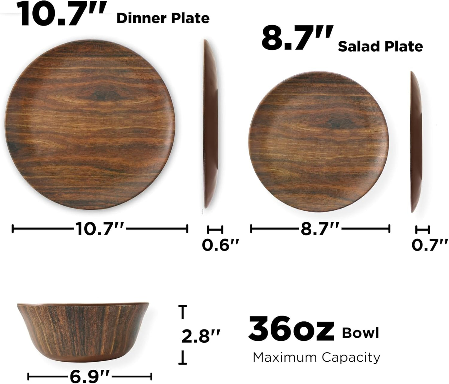 TP 12-Piece Dinnerware Set, Melamine Dishes Set with Bowls and Plates, Non-breakable and Lightweight Dinner Service for 4, Wood Grain