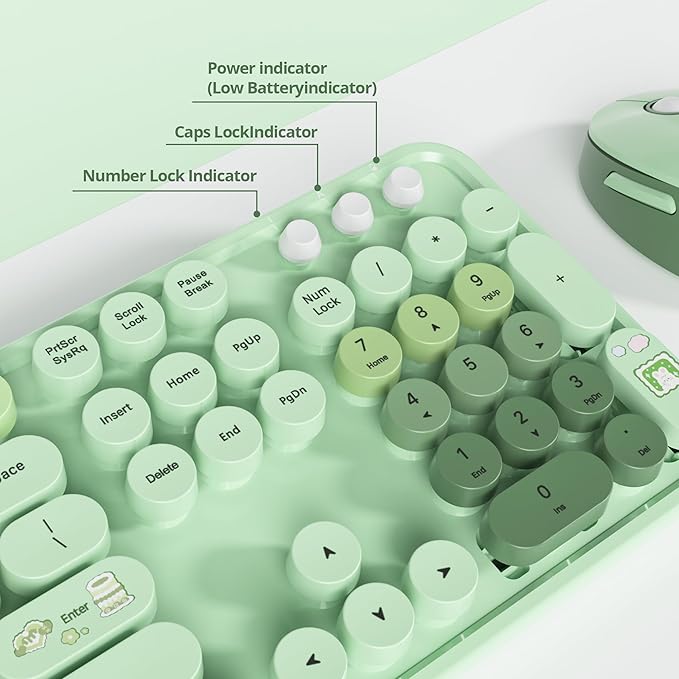 Wireless Keyboard and Mouse Set, Retro Typewriter Keyboards, 2.4GHz Full Size 104-Key Cute Keyboard with Number Pad, Colorful Keyboard with Round Keycaps for Windows PC Laptop(Light Green)