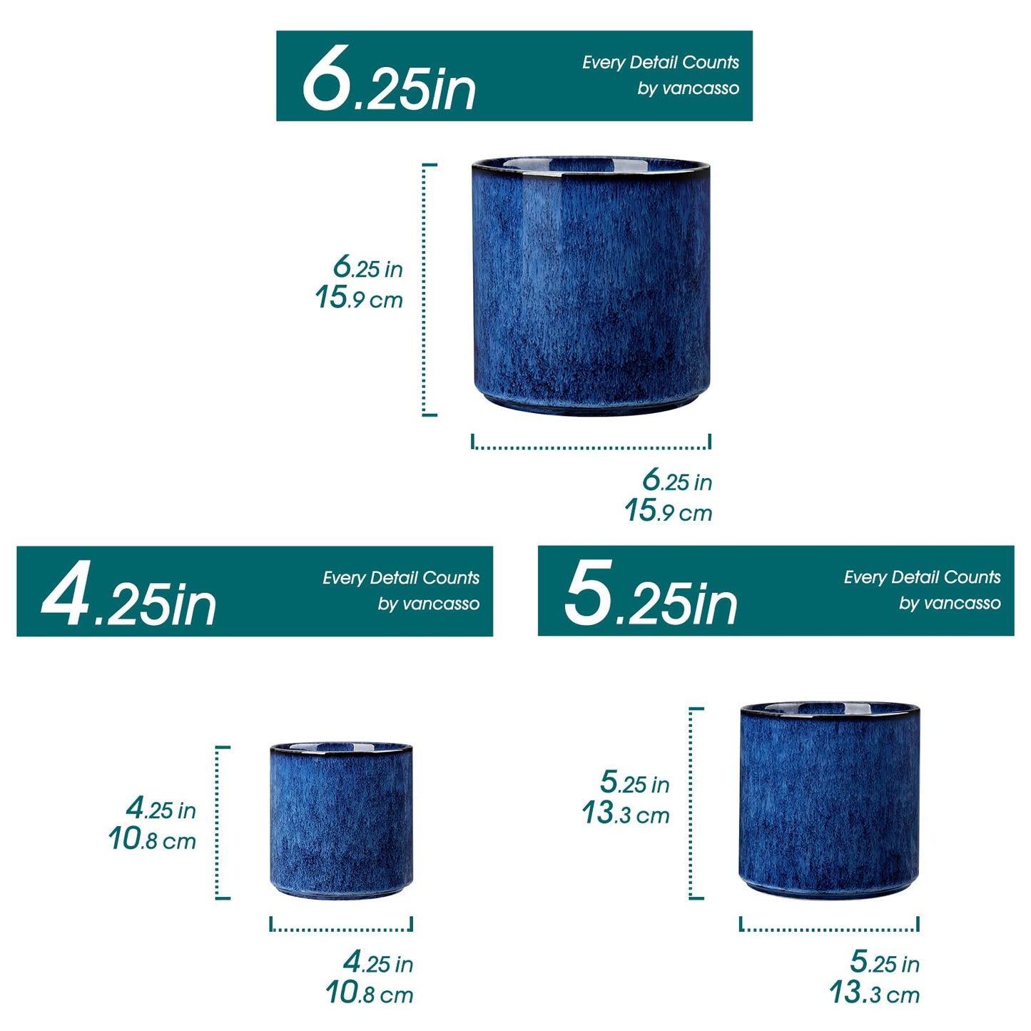 vancasso Ceramic Plant Pots, 4.25+5.25+6.25 Inch Planter Pot with Drainage Hole, Flower Pots for Indoor Outdoor Plants, Set of 3, Blue