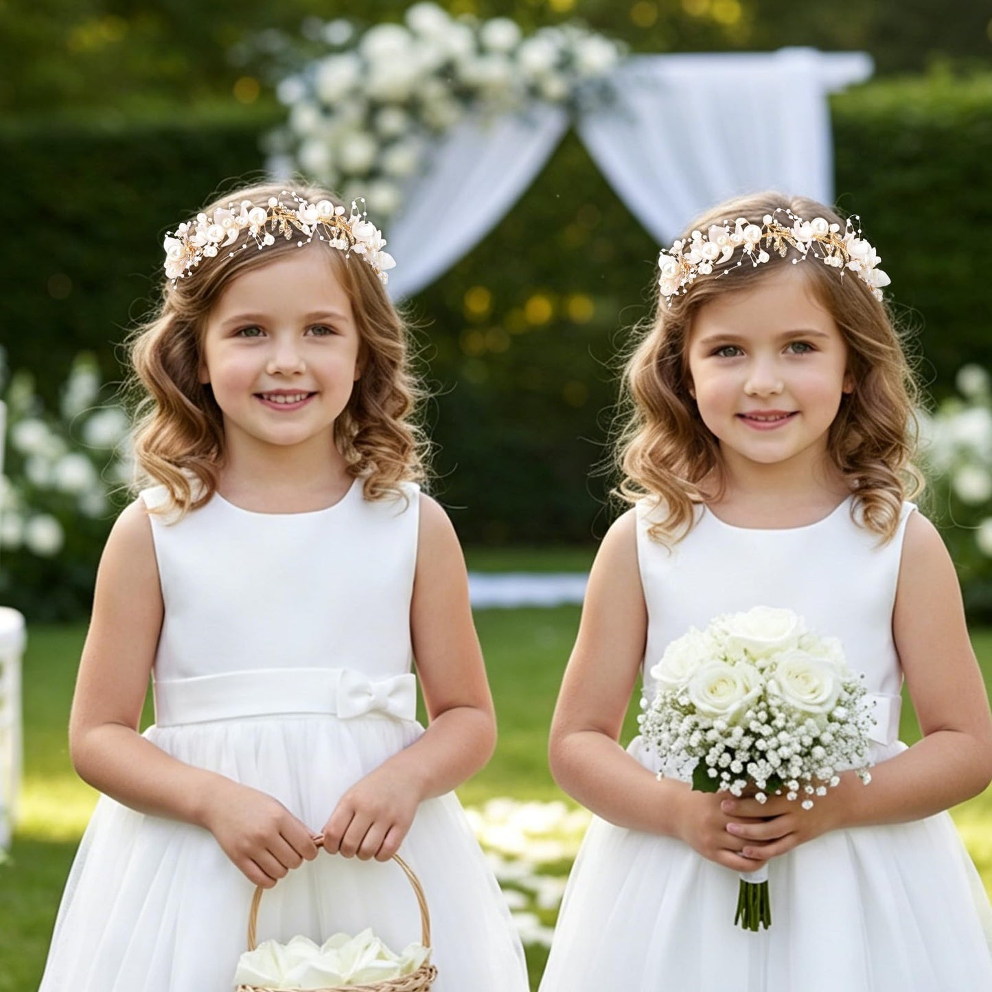 Semato 2 Pcs Flower Girl Headpiece for First Communion Headpiece Princess Tiara Crown with Rhinestone and Pearl Headband Floral Wedding Prom for Girls and Women (Gold)