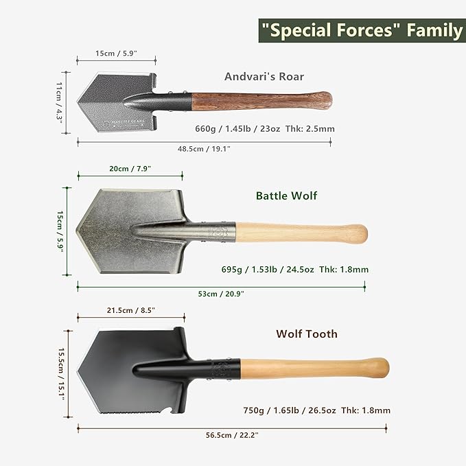 MASTIFF GEARS Tactical Survival Shovel - 48.5cm/19in, Axe/Machete Replacement, HRC 42-48 1050 Steel Spade, Hand-Carbonized Hardwood Handle & MOLLE Sheath for Camping Hiking Off-Roading Emergency