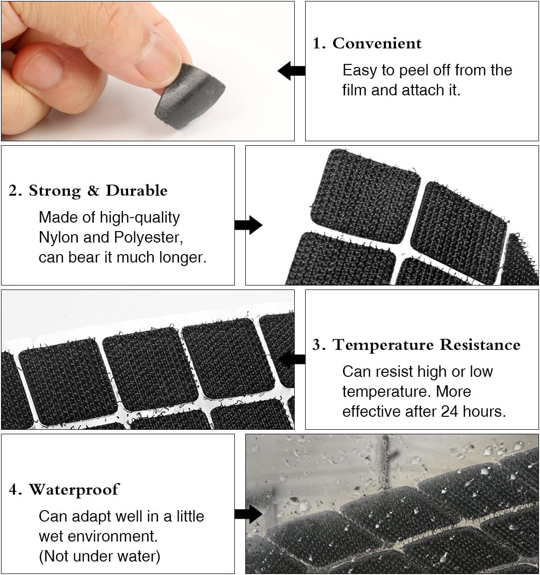 Self Adhesive Dots, 0.59 Inch Diameter 1600pcs(800Pairs) Strong Sticky Hook Tapes, Square Adhesive Back Loop Nylon Strips with Waterproof Fastener,Perfect for School Classroom,Office,DIY-Black
