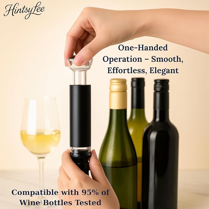 Wine Vacuum Pump & 4 Reusable Stoppers – Airtight Wine Preserver Set Keeps Wine Fresh Up to 15 Days – Manual Wine Saver Bottle Sealer Kit & Gift for Wine Lovers (Black)