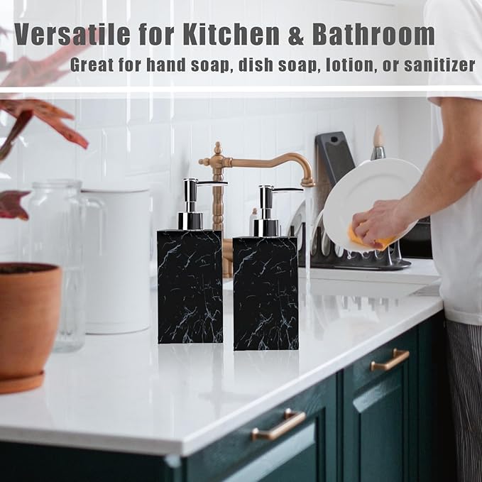 2-Pack Marble Look Resin Soap Dispensers, 16.9 oz Refillable Lotion Pump Bottles for Bathroom, Kitchen, Vanity, Office Sink Countertops – Durable, Moisture-Resistant Home Décor (Black)