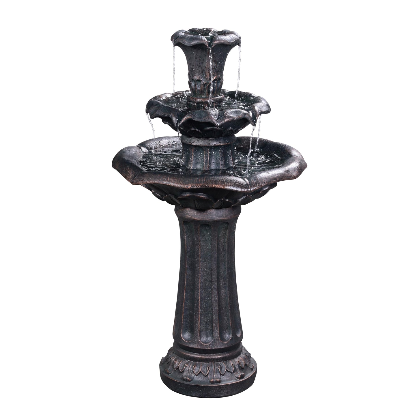 Teamson Home Lily Flower Floor Pedestal 3 Tiered Floor Waterfall Fountain with Pump for Outdoor Patio Garden Backyard Decking, 38 Inch Height, Dark Gray