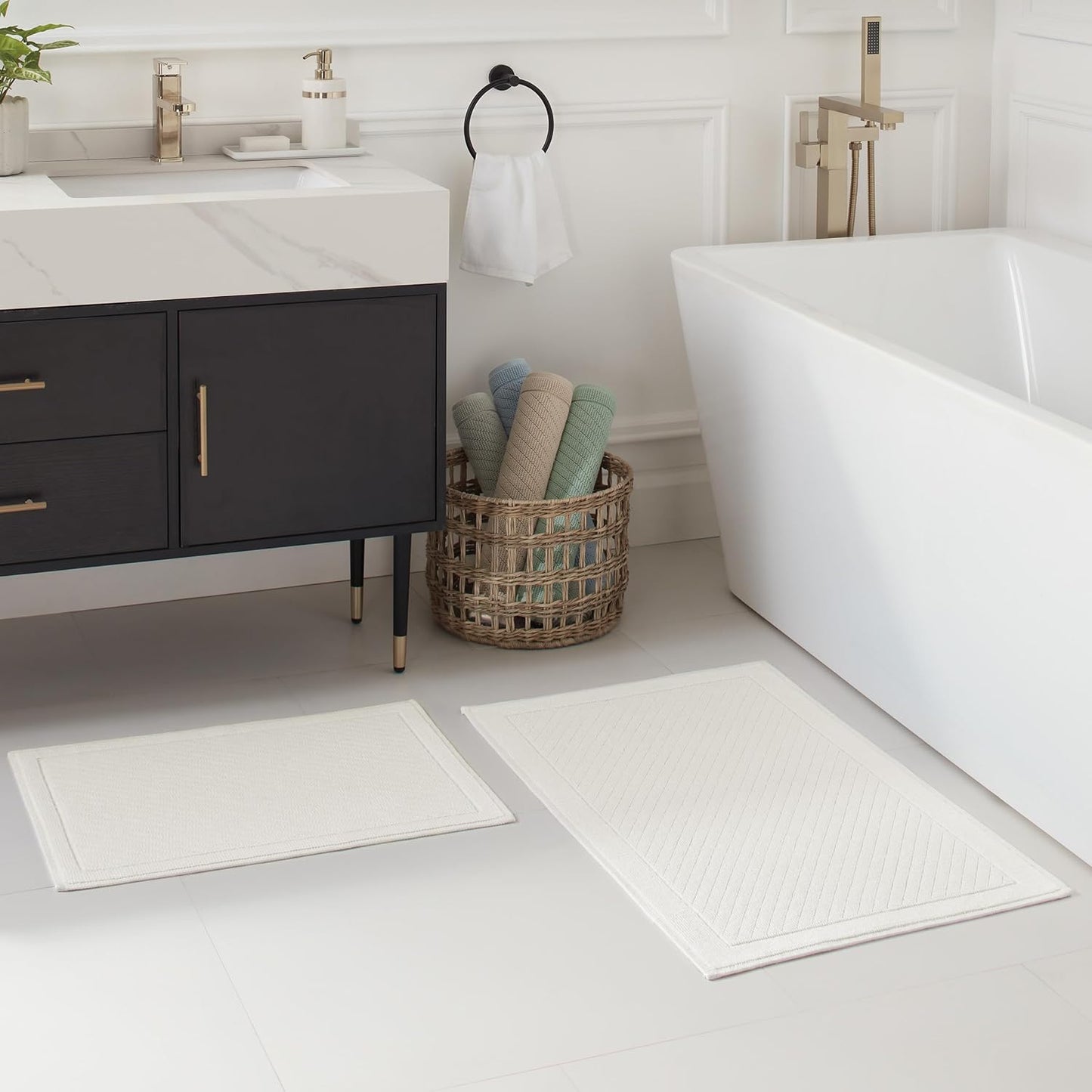 Arkwright 100% Cotton Bathroom Rug - High Absorbent Stylish Textured Woven Design Bath Mat, Slip Resistant Backing for Shower and Bathtub Floor, 20x32 in - White