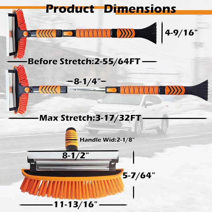 45'' Extendable Ice Brush and Ice Scraper 40'' Car Snow Shovel Snow Removal Tools 5 in 1 Foam Grip Snow Brush with Squeegee 180° Pivoting Brush Head for Cars Windshield,Vehicle,Trucks,SUVs