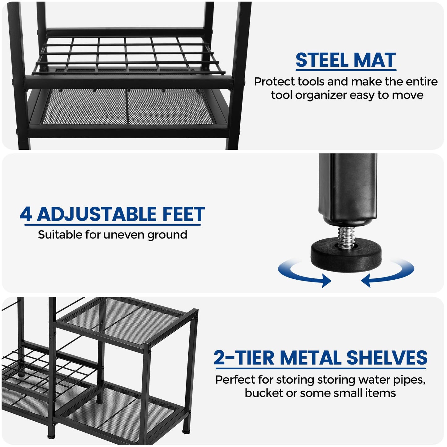 Garden Tool Organizer with 2-Tier Steel Shelves, Holds 50 Long-Handled Tools/Rakes/Brooms/Shovles for Garage Organization and Storage, Shed, Outdoor, Lawn, Heavy-Duty Steel, Black, Easy Assembly