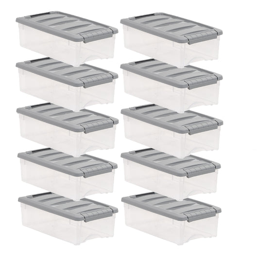 Amazon Basics Plastic Storage Containers with Secure Latching Lids, Stackable Organization Bins for Organizing, Clear/Grey, 5 Quart, Set of 10