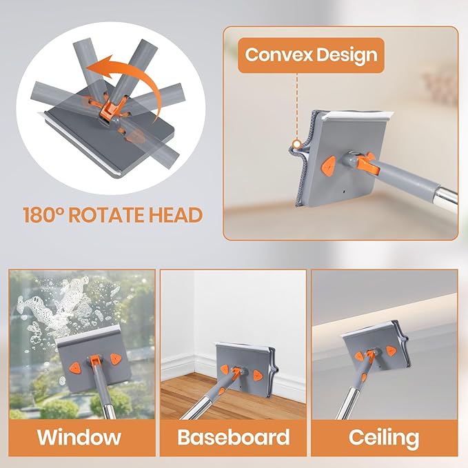 85'' Wall Mop and Baseboard Cleaner Tool with Handle 2-in-1 Wall Cleaner Mop with Triangle & Square Heads, 8pcs Reusable Pads for Cleaning, Ceiling, Wall, Floor, Shower