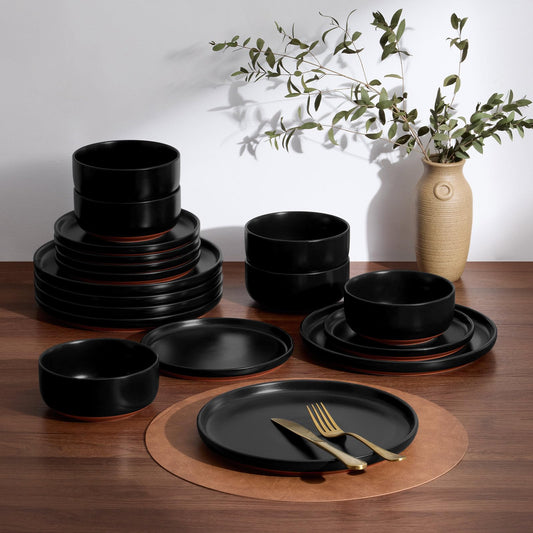 E-far 12-Piece Stoneware Plates and Bowls Sets, Dinnerware Sets for 4, Ceramic Dishware Dishes Set with Terracotta Base, Chip & Scratch Resistant, Microwave & Dishwasher Safe, Matte Black