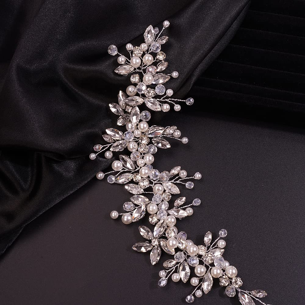 Teyglen Dainty Rhinestones Pearls Crystal Large Headband Vine Handmade Bridal Flower Headband Wedding Hair Accessories for Brides Hair Pieces Gold Silver Headpieces for Women Girl (Silver)