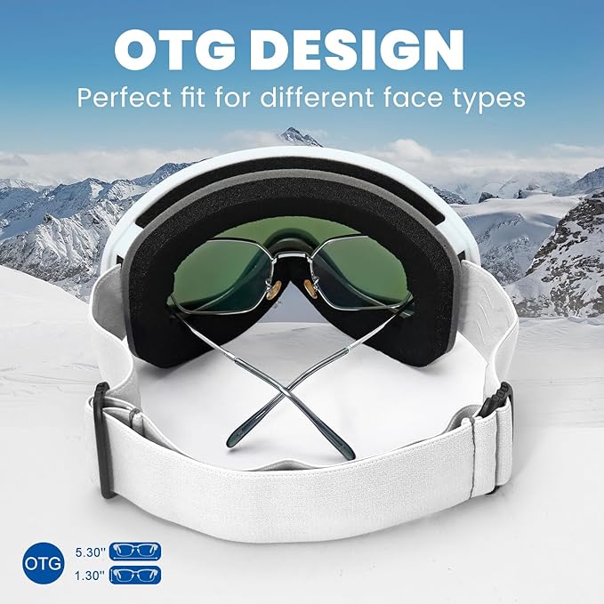 Ski Goggles OTG for Men Women, Anti-Fog Snowboard Goggles UV400 Protection Snow Goggles for Adult Youth