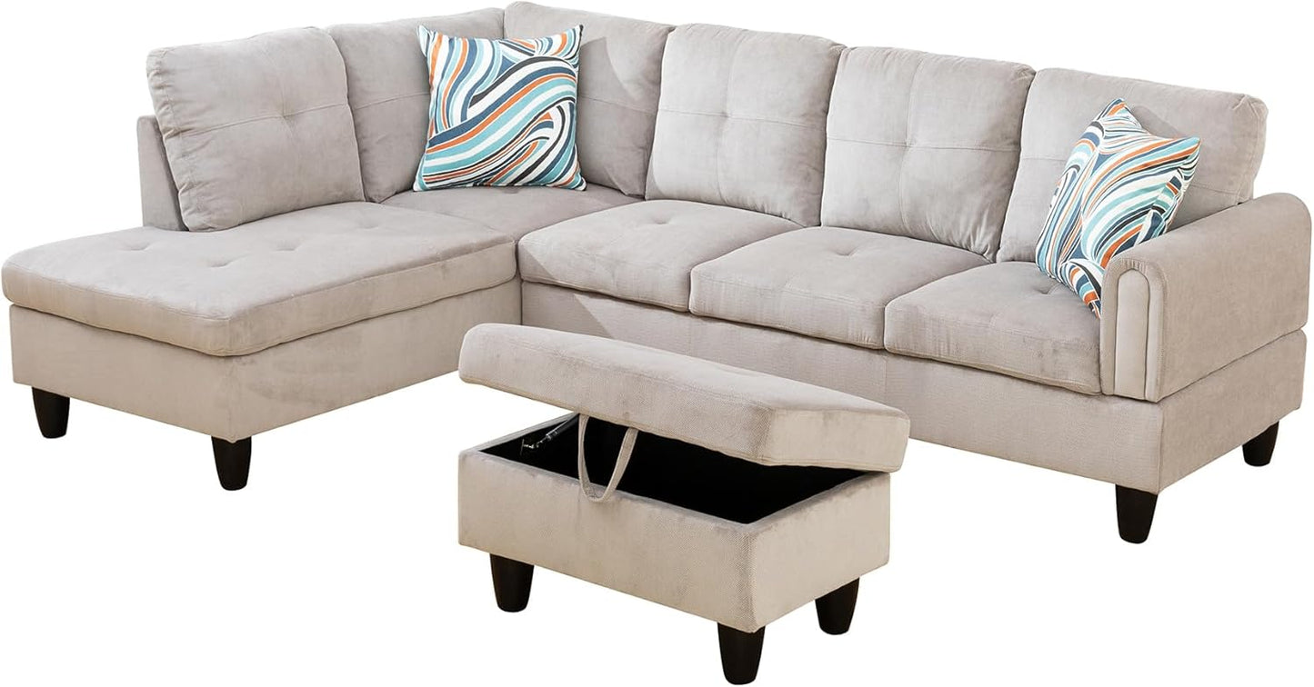 L Shaped Couch Modern Sectional Couch Upholstered Corduroy Fabric 3 Pieces Sofas for Living Room with Chaise, Storage Ottoman for Office and Small Apartment, Grey White