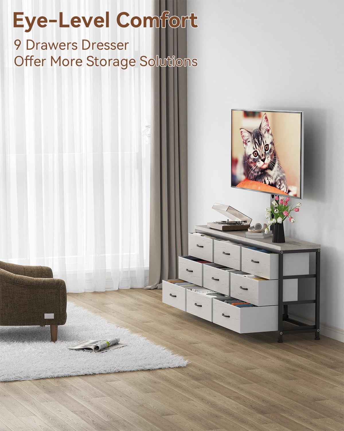 TV Stand with Mount for 32/55/65/75/85 inch TVs, Entertainment Center with 9 Fabric Drawers Dresser Storage, Height Adjustable Media Console