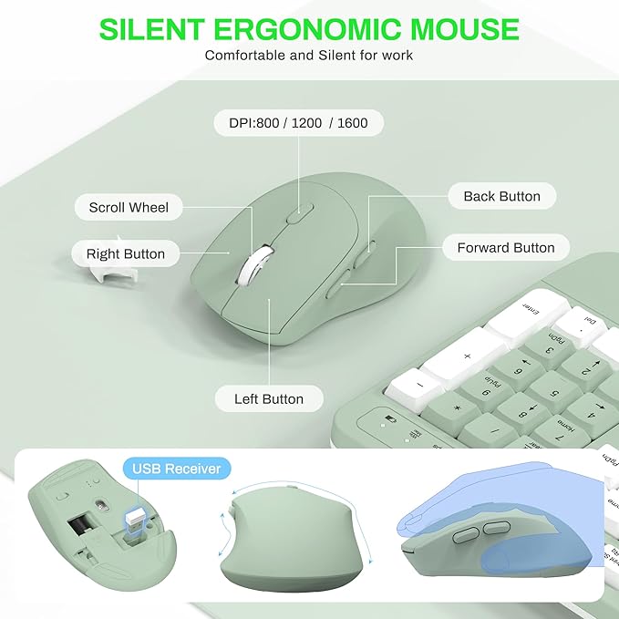Wireless Keyboard and Mouse Combo,2.4G Full Size Wave Keys Ergonomic Keyboard with Wrist Rest for Natural Typing, 3 DPI Adjustable Ergonomic Mouse for Computer/Laptop/Windows/Mac (Avocado Green-A)