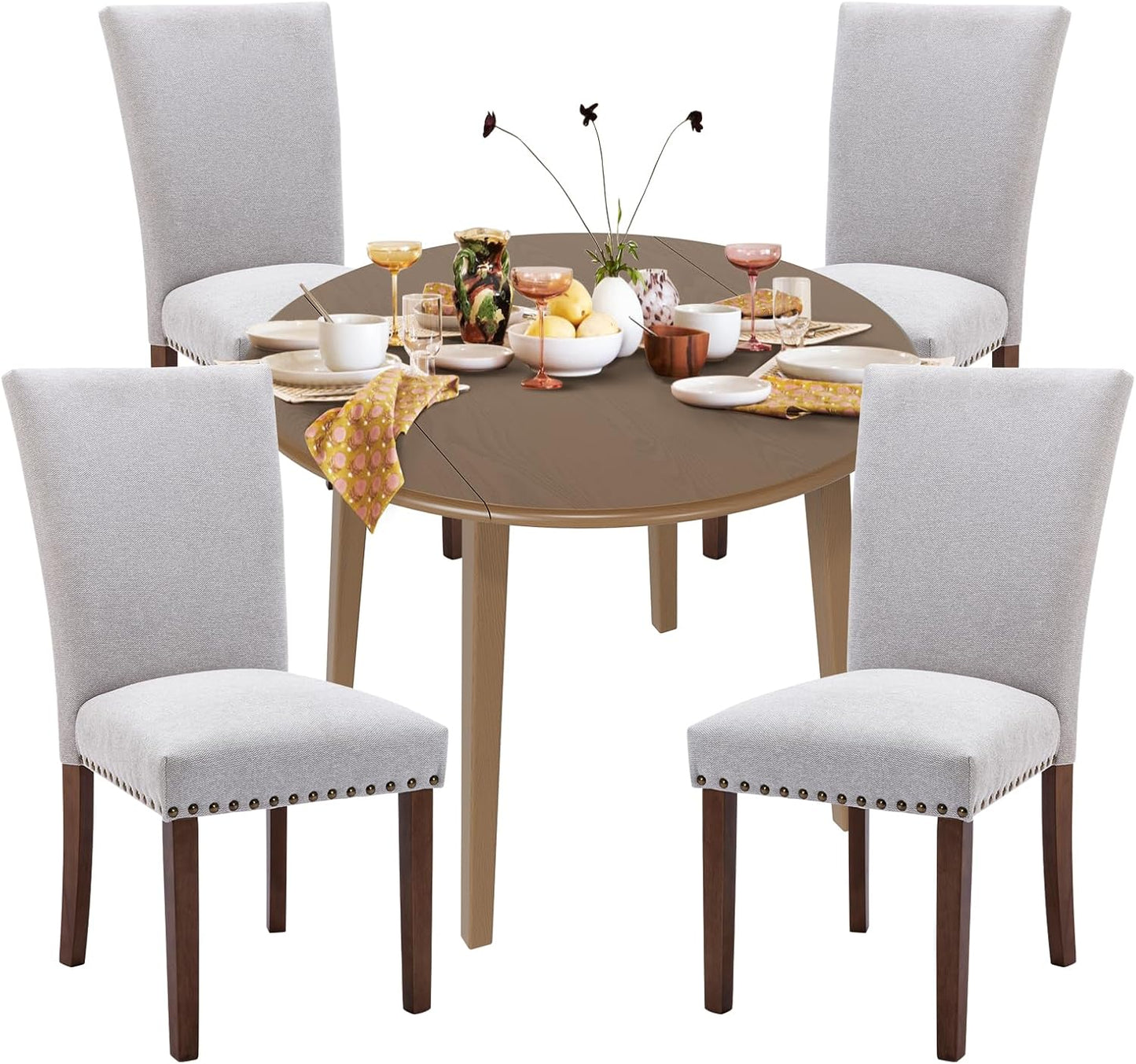 COLAMY 5-Piece Extendable Dining Table Set for 4, 36" Kitchen Round Wood Table with 4 Nailhead Dining Room Chairs,Light Brown/Light Grey