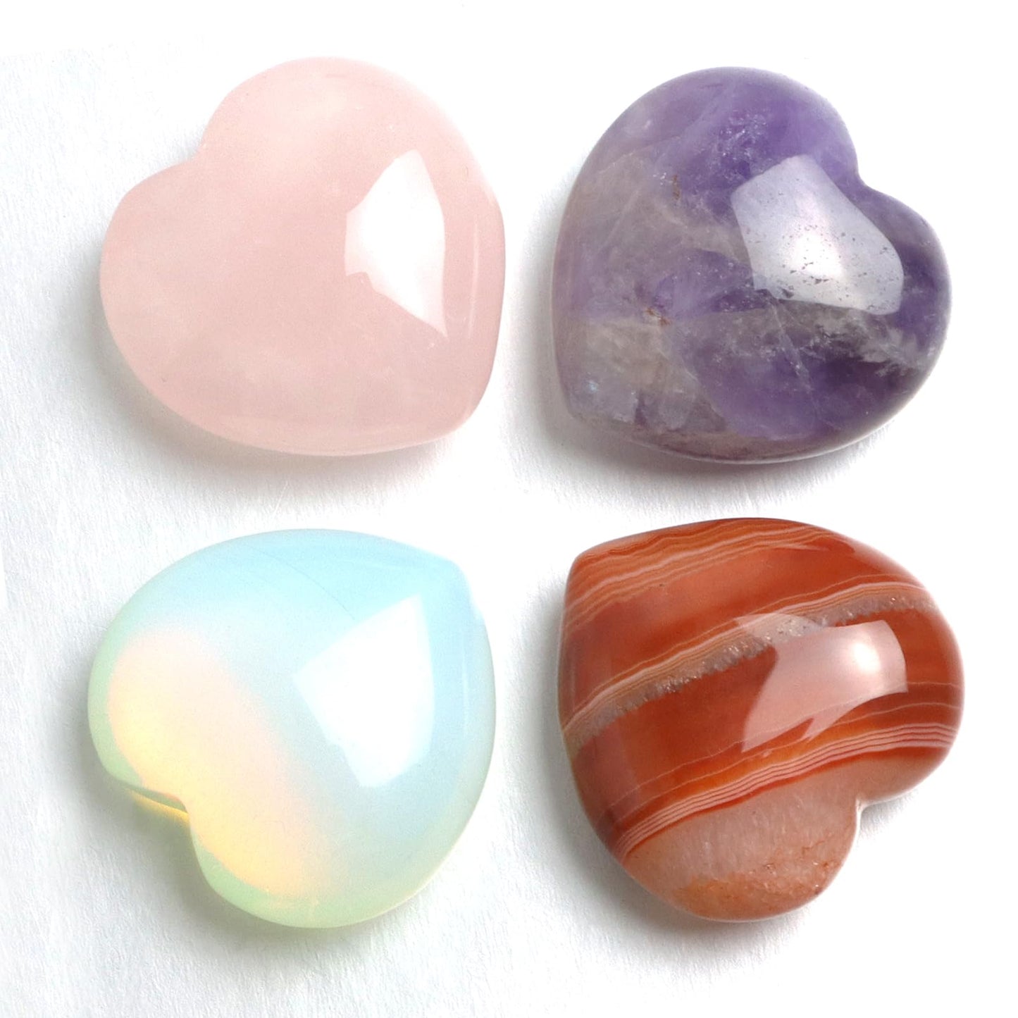 4Pcs Healing Crystals and Heart Stones, Amethyst Rose Quartz Opal Agate Crystal Set Bulk, Polished Love Worry Stones Palm Pocket Stone Reiki Meditation 1.2" Pink Heart Anxiety Relief Gifts for Women