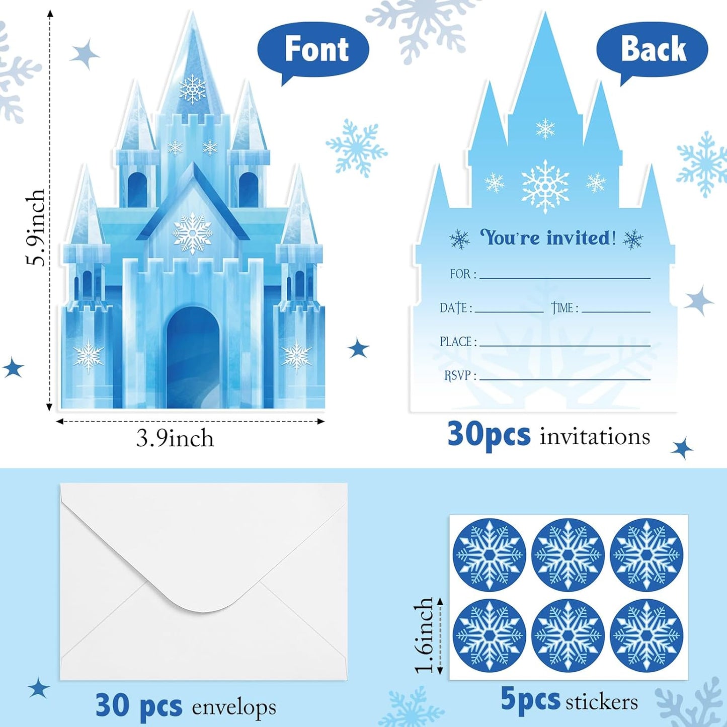 30 Sets Snowflake Castles Christmas Birthday Invitations with Envelopes Stickers Winter Snow Themed Invitations for Girl Kids Birthday Party Supplies Decoration