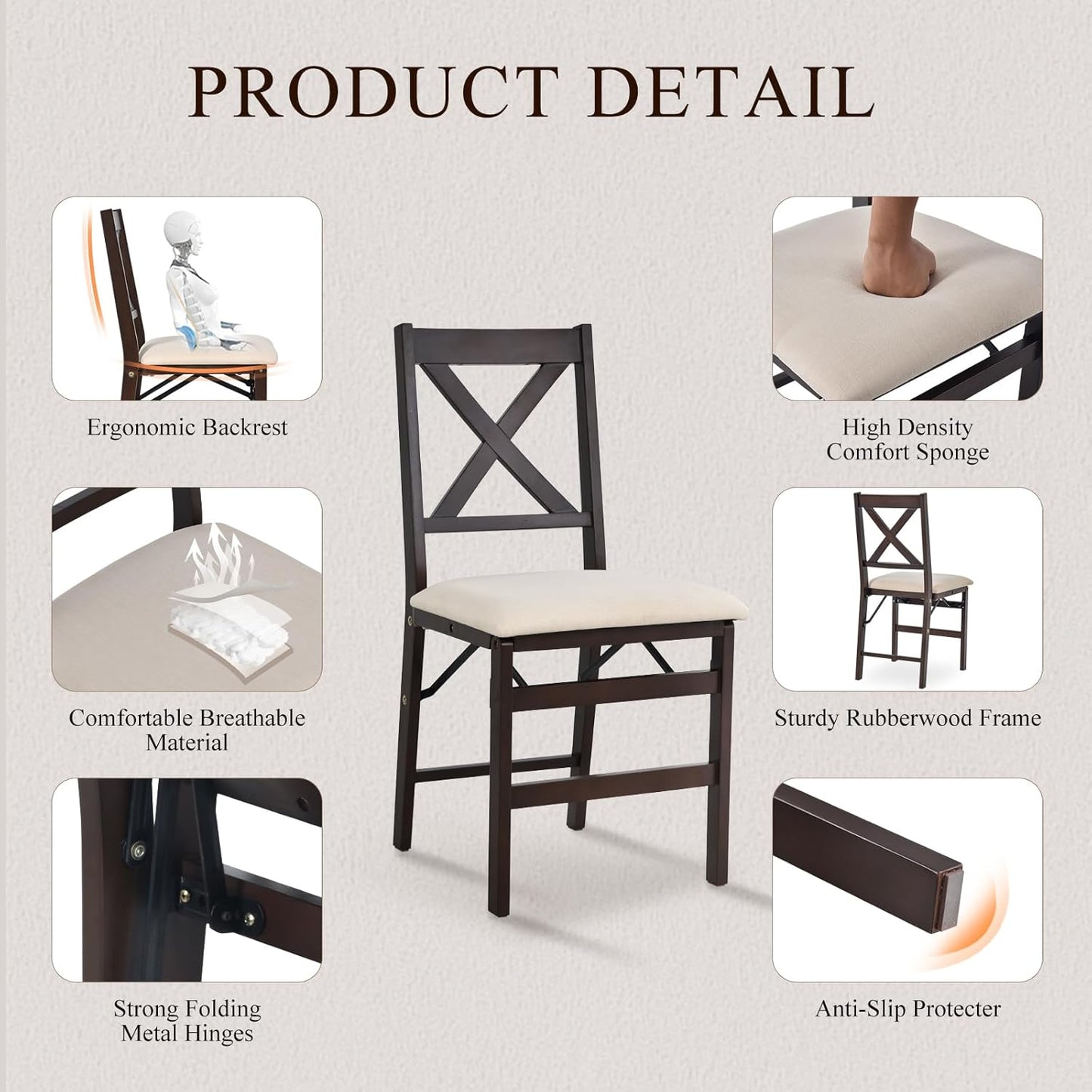 COLAMY Folding Dining Chairs Set of 4, Foldable Chairs with Padded Seats, Wood Folding Dining Room Chairs for Dinner, Kitchen, Party, Camping, Beige