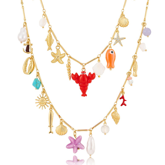 CLASSYZINT Layer Charm Necklace for Women Sea Shell Necklace Boho Shell Necklace Summer Starfish Shell Necklaces