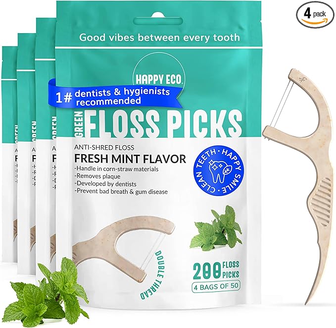 Dental Floss Picks (200pcs) - Flossers for Adults, Vegan Corn-Straw Handle, Superior Oral Care & Anti-Shred Thread, Dental Hygiene, Tooth Pick Sticks, Teeth & Gum Health (Mint, Double Thread)