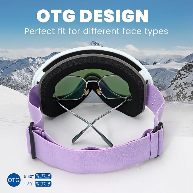 Ski Goggles OTG for Men Women, Anti-Fog Snowboard Goggles UV400 Protection Snow Goggles for Adult Youth