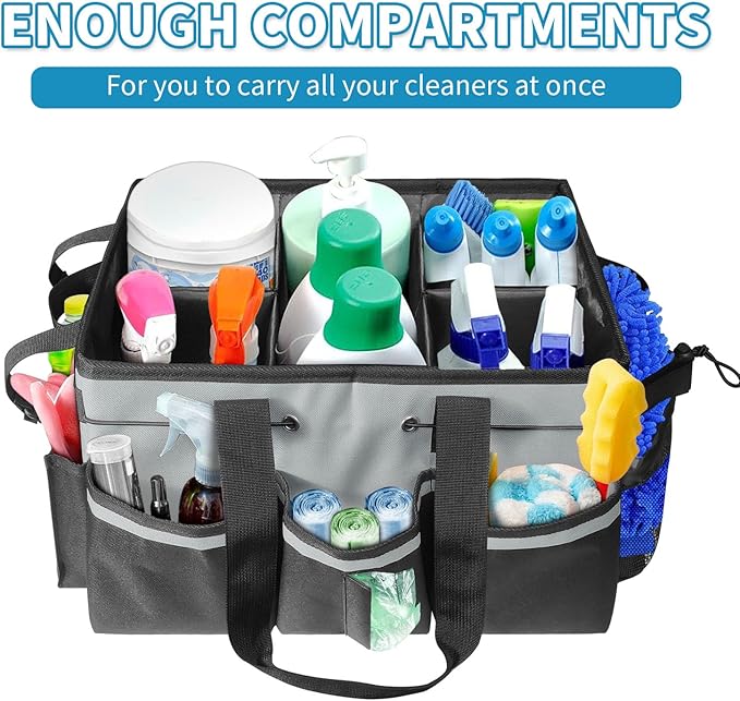 Organizer with Handles for Cleaning Tools, 17.8*12.2*9.3in Large Cleaning Caddy Bag Waterproof Car Cleaning Tool Organizer Bag with Shoulder Detachable Divider for Cleaners Housekeeper(Grey)