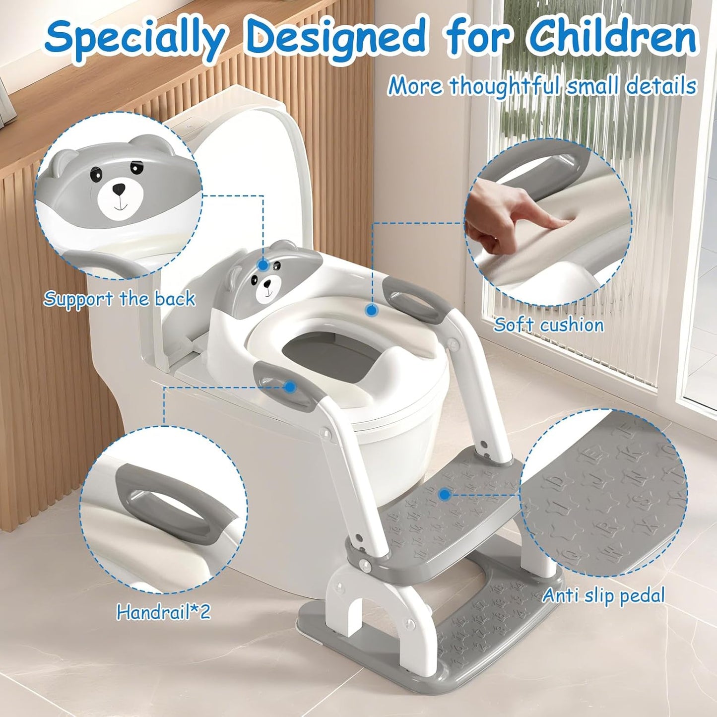 Potty Training Seat for Toddlers - Upgrade 2-in-1 Toilet Seat Toilet Ladder for Kids Children Boys Girls, Anti-Slip Pad & Adjustable Height with Waterproof PVC Cushion - Grey