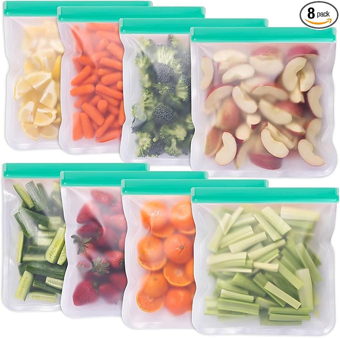 8 Pack Reusable Gallon Freezer Bags Dishwasher Safe, BPA Free Reusable 1 Gallon Bags Silicone, Leakproof Storage Bags for Marinate Meats, Cereal, Vegetables, Home Organization(Green)