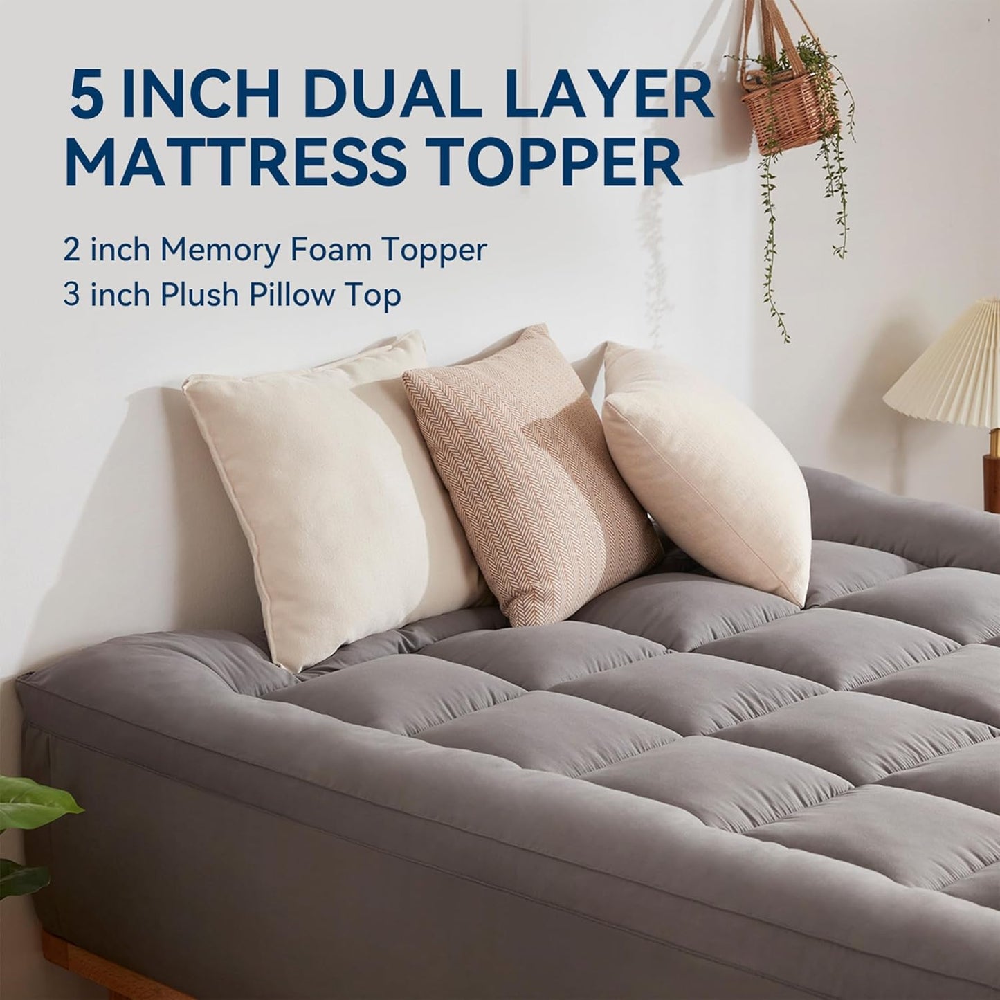 BDEUS Dual Layer 5 Inch Memory Foam Mattress Topper Twin Size, 2 Inch Gel Memory Foam Plus 3 Inch 1450 GSM Down Alternative Quilted Pillow Top Mattress Pad Cover,Dark Gray