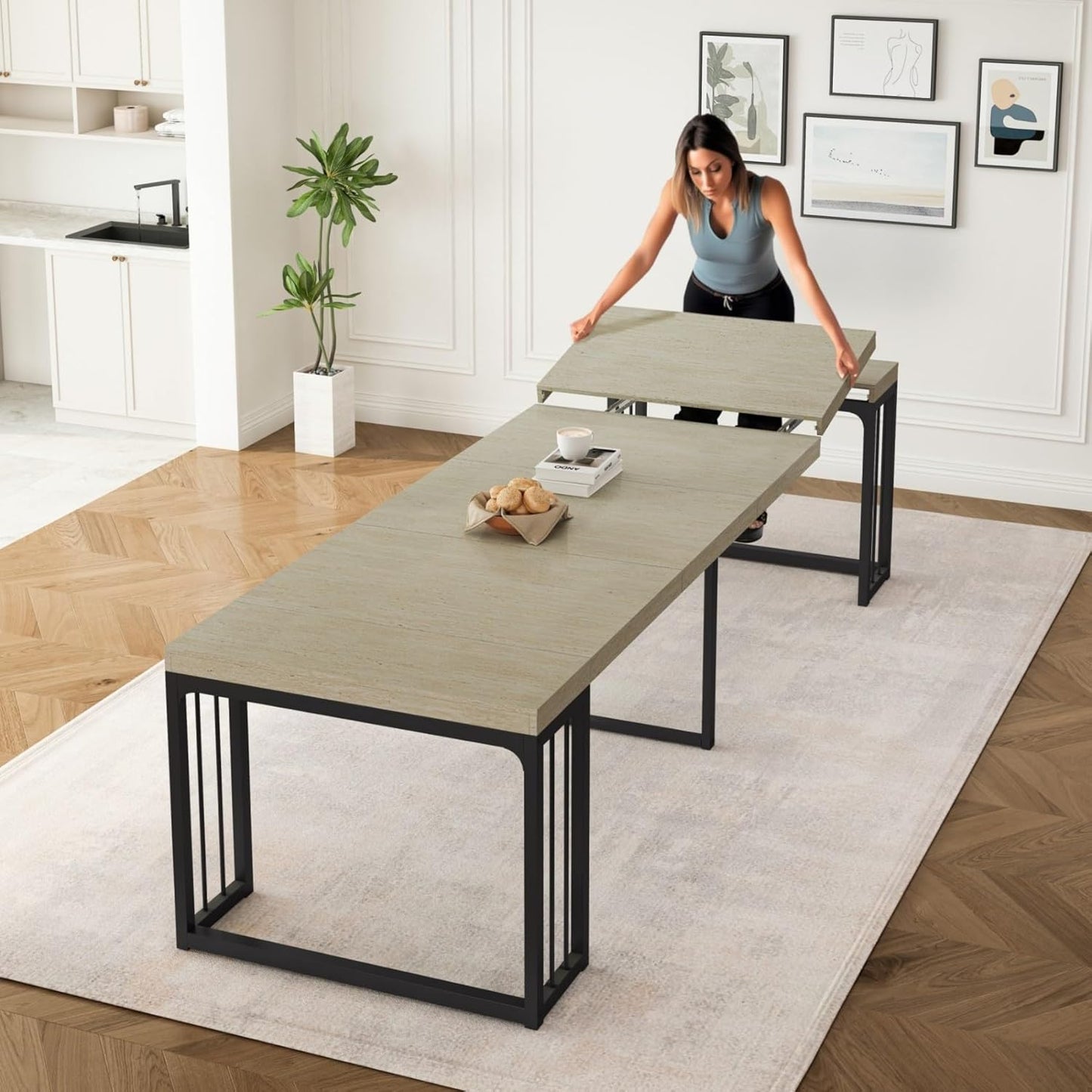 KEIKI 23.62" - 118" L Extendable Foldable Dining Room Table for 2-10 People, Wood Modern Rustic Rectangle Expandable Kitchen Living Meeting Room Furniture, 5 Tabletop Length Options