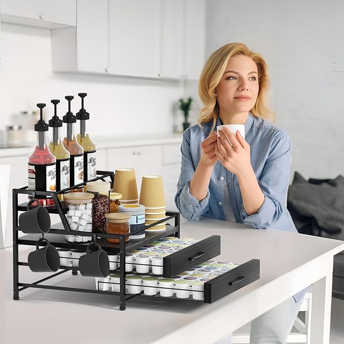 Coffee Syrup Rack Organizer - 4-Tier 8 Syrup Wine Bottles Stand with 82 Storage Drawer for K Cups, Coffee Pod Holder for Countertop, Bar Station, Kitchen, Black