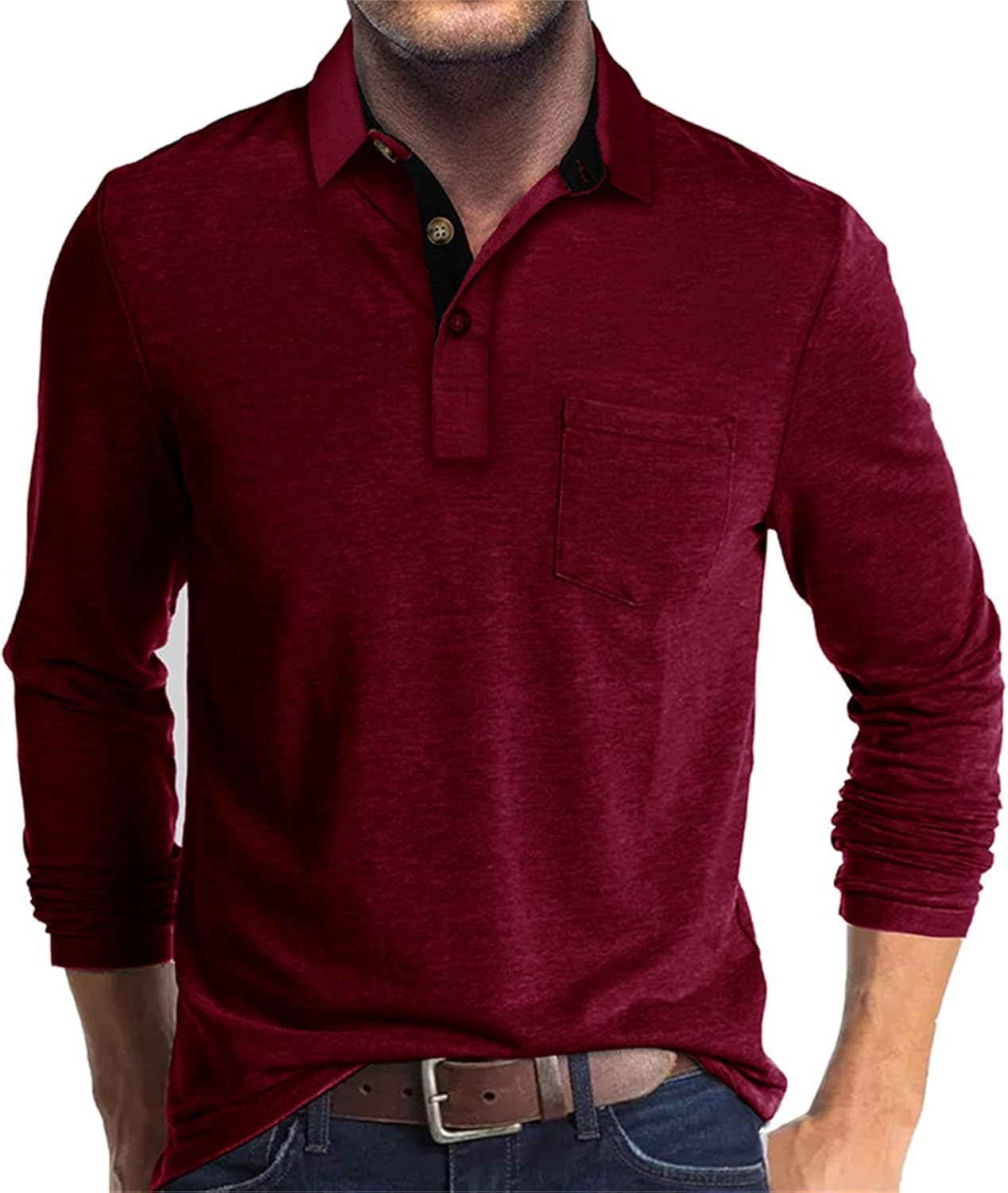 Mens Long Sleeve Polo Shirts Casual Moisture Wicking Golf Polo Shirts with Pocket