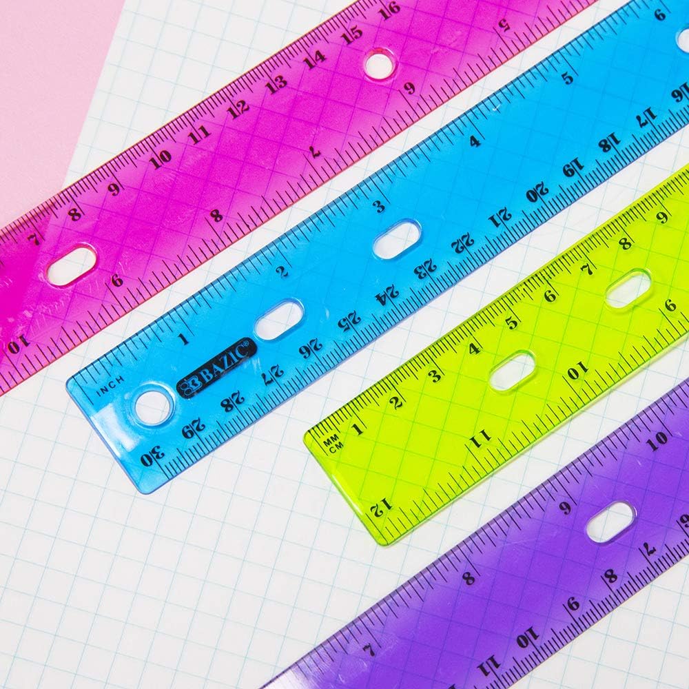 BAZIC Products Jeweltones Color Plastic Ruler 12" (30cm), Inches Centimeter Metric Measuring Drafting Rulers, for Students School Supplies (4/Pack), 1-Pack