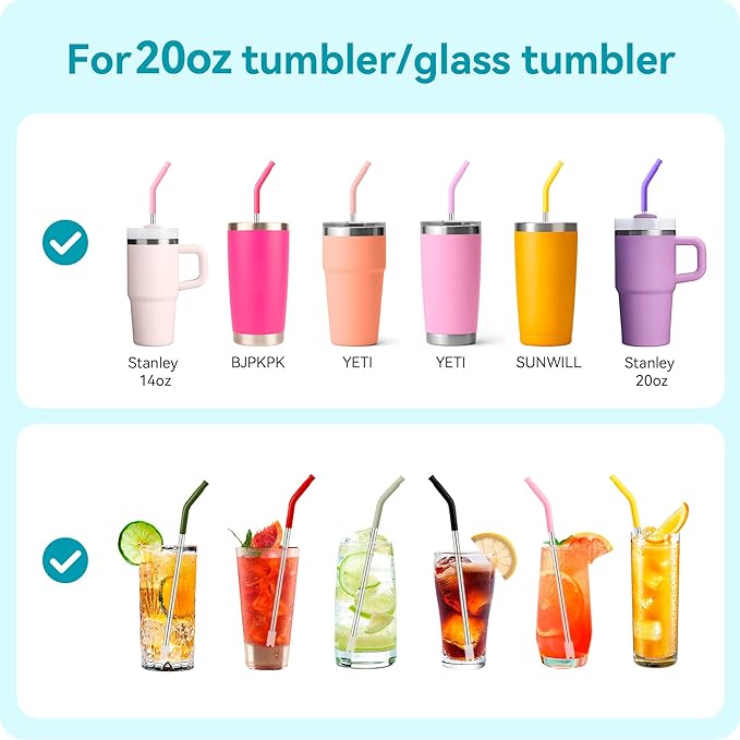 2 pcs 20 oz Straight Metal Straws with Silicone Tip for 20 oz Tumbler, Stainless Steel Reusable Drinking Metal Straw for YETI, STANLEY, US Acrylio, BJPKPK, Simple Modern and so on