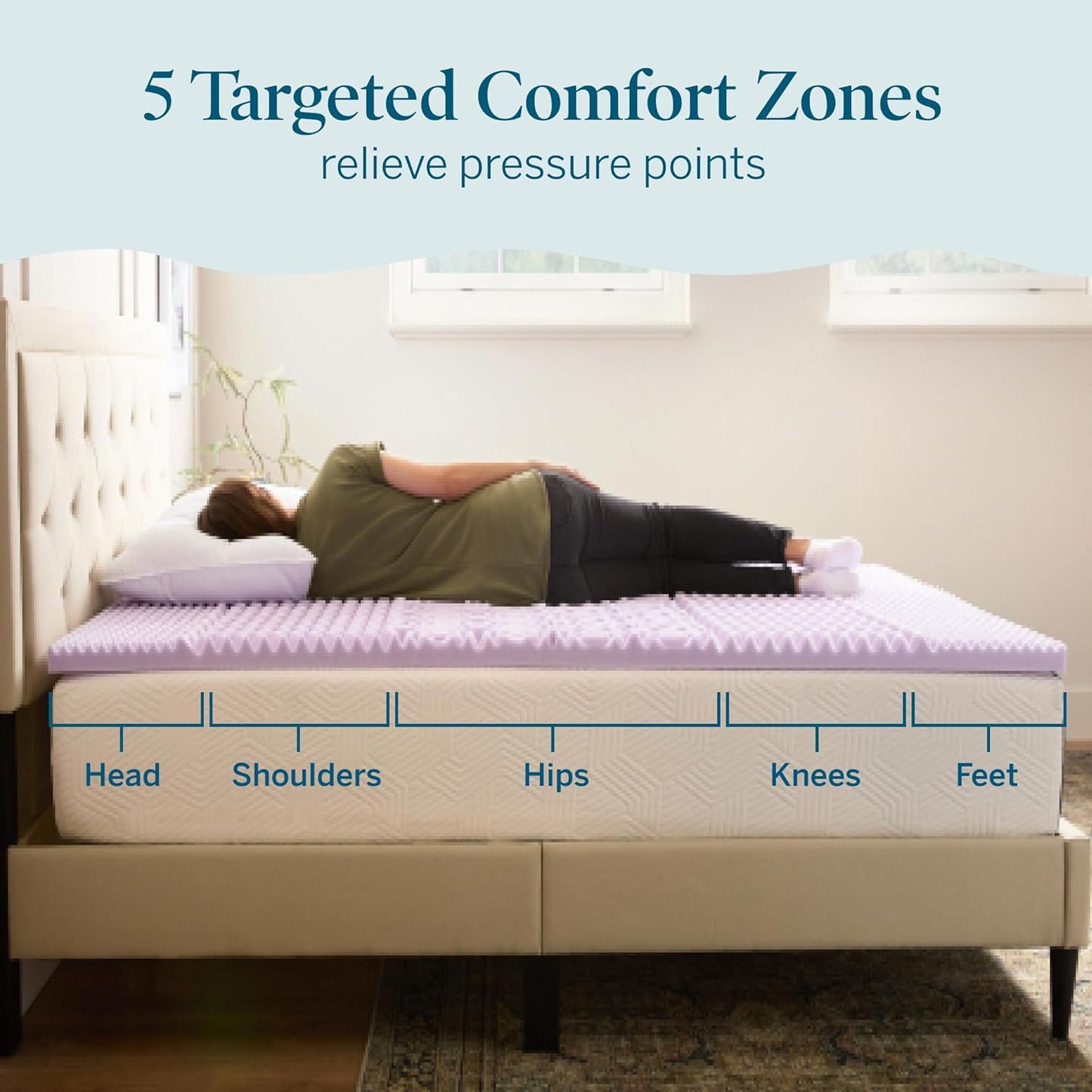 Lucid Lavender Infused 2 Inch Memory Foam Mattress Topper - Queen Size - Plush Feel - 5 Convoluted Zones - CertiPUR Certified - New Home Owner & Dorm Room Essentials