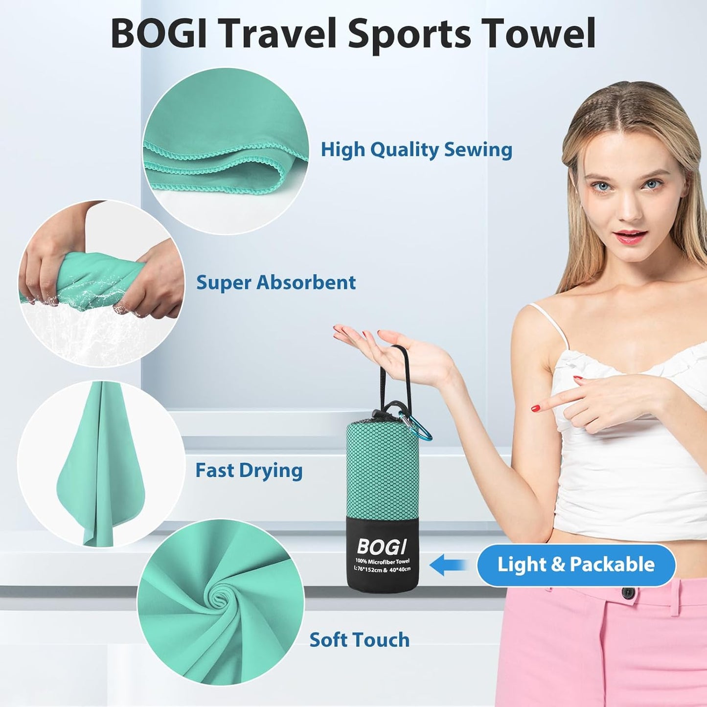 BOGI Microfiber Travel Sports Towel-Quick Dry Travel Towel,Soft Lightweight Absorbent Compact Sports Towel for Camping Gym Beach Bath Yoga Swimming Backpacking (M:40''x20''-Mint)