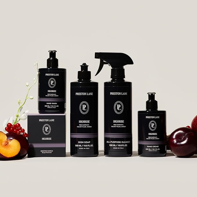 Preston Lane Signature Home Set – All Purpose Cleaner, Dish Soap, Hand Wash, Hand Cream & Scented Candle | Plant-Powered Cleaning & Care Essentials with Fine Italian Fragrance, Highrise