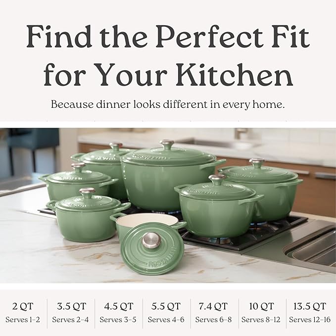 Signature Enameled Cast Iron Dutch Oven, Non-Stick Serving Pot with Tight Fitting Lid for Perfect Roasting, Baking, Sauteing, and Bread Making | 13.5Q (12.7L) - Sage