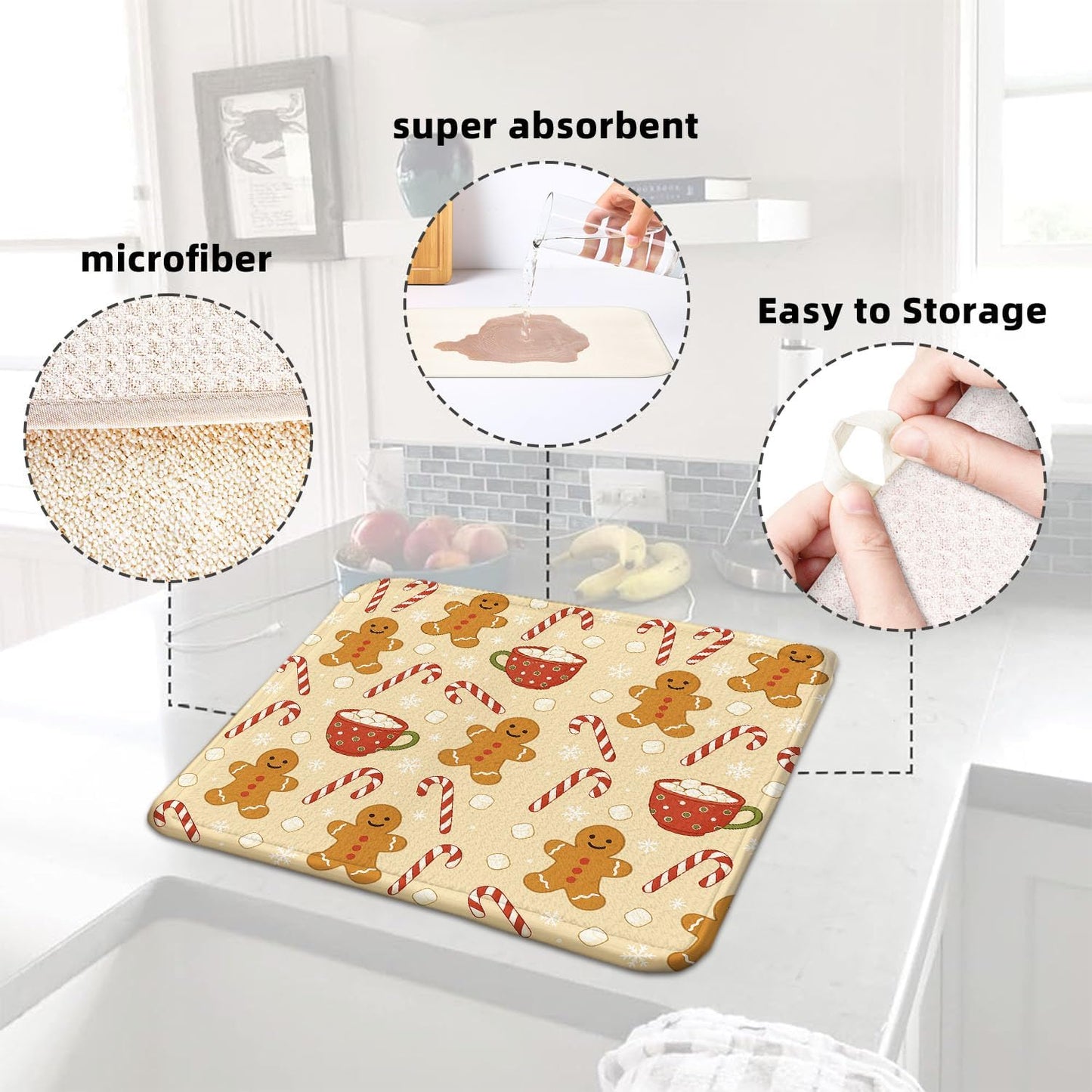 Christmas Drying Mat for Kitchen Counter 18" X 24" Gingerbread Dish Drying Mat for Kitchen Decor Xmas Drying Mats For Home Counter Drying Mats For Dishes Dish Mat Drying Mat